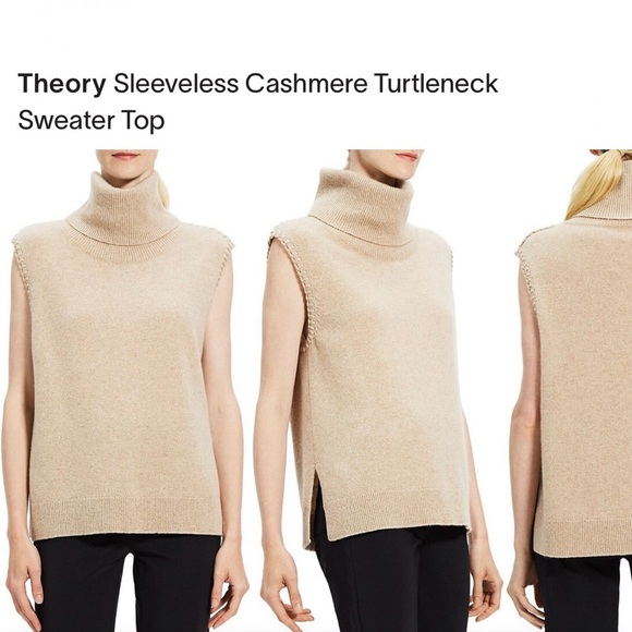 Theory 100% Cashmere Tan Cowl Turtleneck Vest Sweater Sleeveless Top, S - Picture 2 of 16